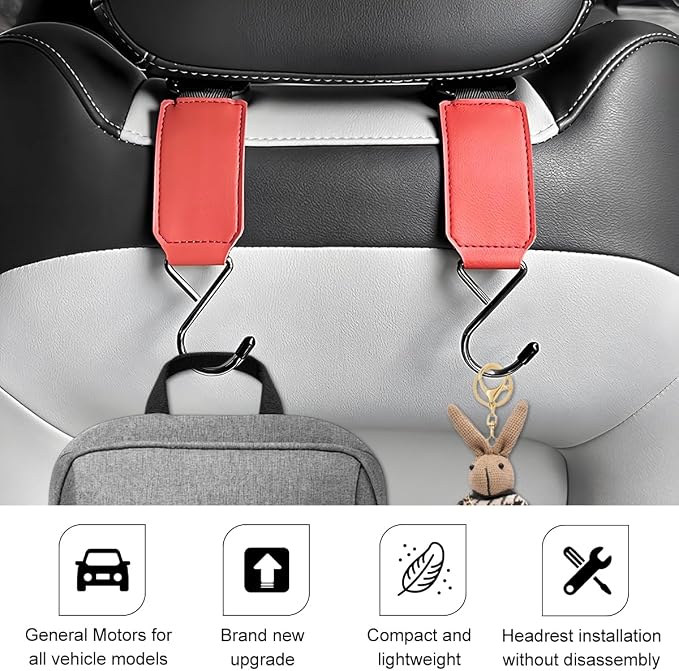 HZEL Car Seat Headrest Hook, 2PCS Multifunctional Vehicle Seat Back Hanger Holder for Purse Bags Coat, Automotive Interior Organizer Storage Hook, Universal for Automobile RV Truck (Red)
