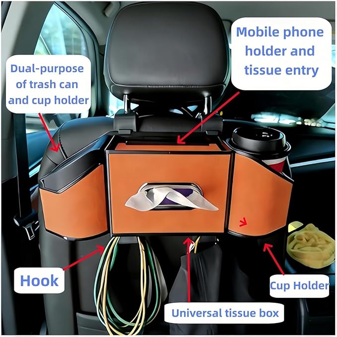 Car Back Seat Organizer, Car Tissue Holder, Cup Holder for Car - 2026 Upgrade 4-in-1 Leather Organizer & Storage Box for Phone, Snacks, Drinks, Handbag, Keep Your Ride Clean, Brown
