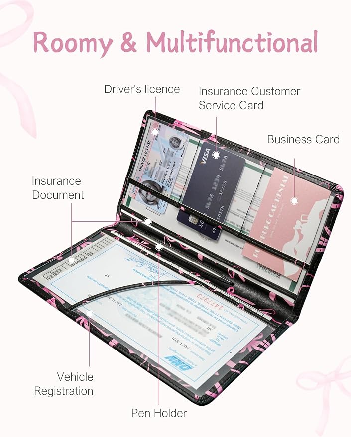 Mymazn Car Registration and Insurance Holder, PU Leather Glove Box Car Organizer with Magnetic Closure, Car Document Holder for Driver's License & Essential Documents (Pink Bow)