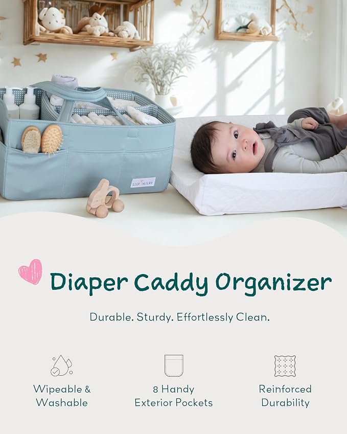 Lily Miles Baby Diaper Caddy Organizer, Wipeable Diaper Organizer Basket with 8 Pockets for Newborn Essentials, Nursery Tote Bag for Changing Table & Car Organization (Willow Green, Large)