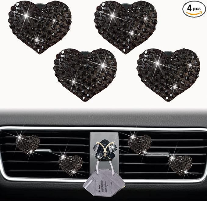 Black Heart Air Vent Clips, 4 Pcs Bling Heart Air Fresheners Vents Clips Diamond Car Interior Decor Charm Cute Car Accessories + Cute Butterfly Mask Hook