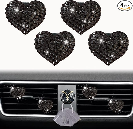 Black Heart Air Vent Clips, 4 Pcs Bling Heart Air Fresheners Vents Clips Diamond Car Interior Decor Charm Cute Car Accessories + Cute Butterfly Mask Hook