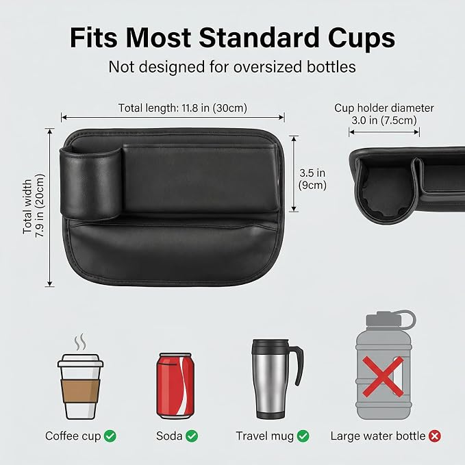Car Seat Gap Filler Organizer, Premium Leather Console Storage with Cup Holder, Easy Access Multi-Purpose Organizer - Car, SUV & Truck Essentials（Driver Passenger Set Black 2 Pack）