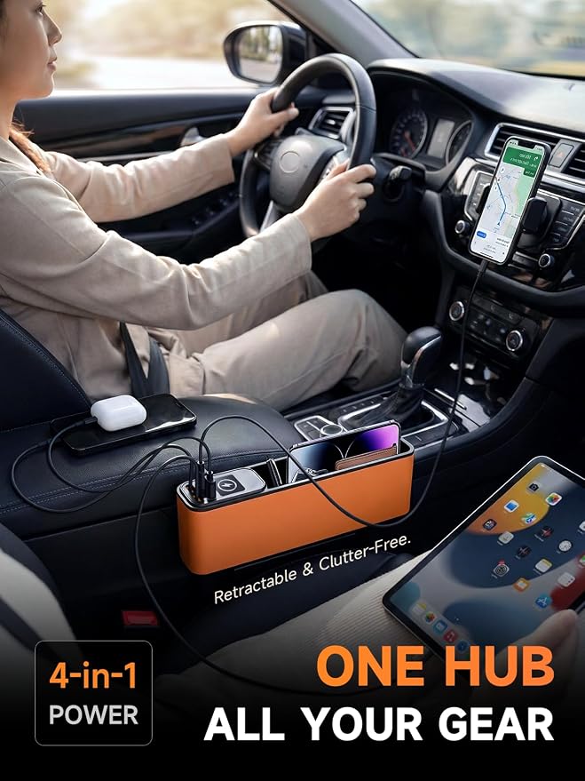 Elecshion Car Seat Gap Filler Organizer with 69W Retractable Car Charger | 2 USB Ports and 2 Charging Cable Car Seat Organizer, Seat Gap Storage Box for Sedans Suv Truck, Car Interior Accessories