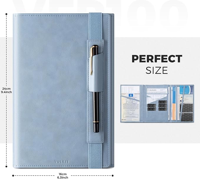 VULKIT Car Registration and Insurance Card Holder Vehicle Glove Box Organizer Leather Tri-fold Design for Car Keys, ID Holder, Essential Documents Blue