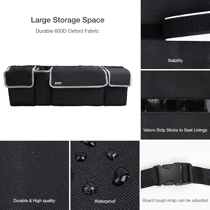 Backseat Trunk Organizer for SUV & Car - Hanging Organizer Foldable Cargo Storage Bag with 4 Pockets Adjustable Strap Durable Cover and Fit for Most Vehicles