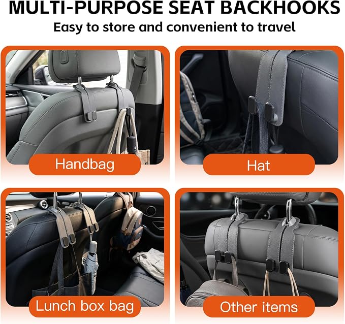 Car Seat Headrest Hooks for Purses and Bags, 4-Pack Heavy Duty Car Seat Hooks with Anti-Slip Pad, Universal Car Backseat Organizer Hanger Accessories for Grocery Bags (Grey)