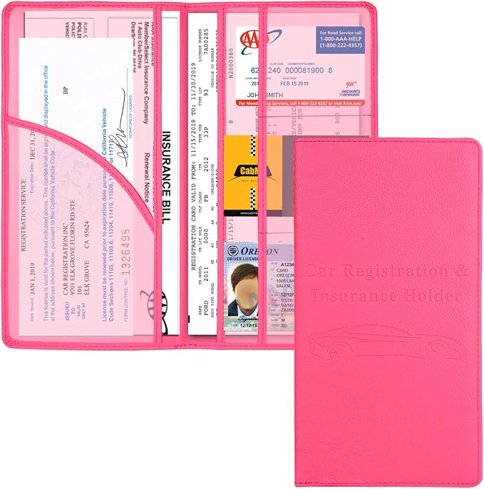 Cacturism Car Registration and Insurance Holder, Car Accessories Vehicle Glove Box Car Organizer Women Car Accessories with Magnetic Shut for Cards, Essential Document, Driver License, Hot Pink