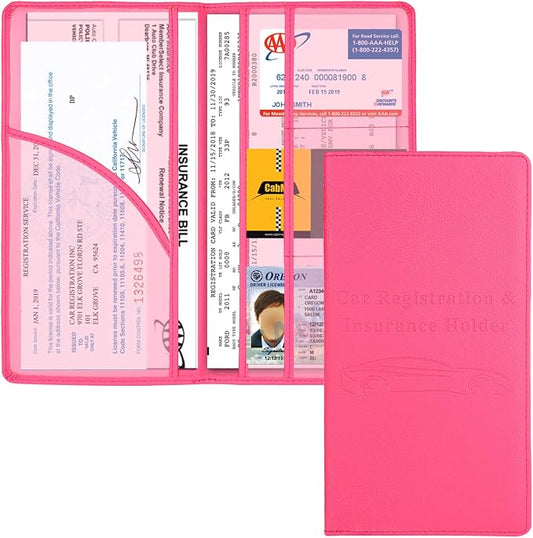 Cacturism Car Registration and Insurance Holder, Car Accessories Vehicle Glove Box Car Organizer Women Car Accessories with Magnetic Shut for Cards, Essential Document, Driver License, Hot Pink