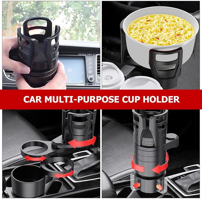 Cabilock Dual Car Cup Holder Expander, Adjustable Multifunctional Vehicle Water Bottle Holder with 360° Rotating Base, Large Expandable Organizer Extender for Auto Mugs