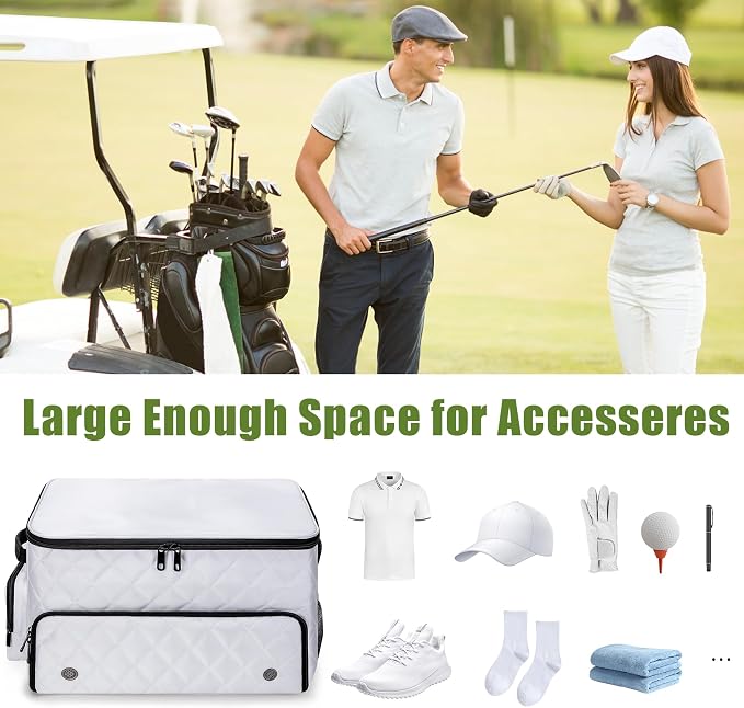 PGmoon 2 Layer Golf Trunk Organizer, Golf Car Storage Organizer with Individual Ventilated Compartment for 2 Pairs Shoes, Golf Car Locker for Balls, Clothes, Tees, Gloves, Accessories (White)