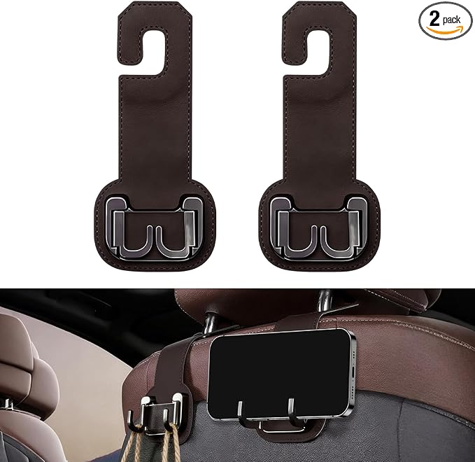 2 Packs Headrest Hooks for Car, Hidden Twinhook Leather & Metal Car Purse Holders, Universal for BMW X5 X3 X1 X7 Accessories, Seat Back Storage Organizer Hanger for Purse Bag Phones(Brown)