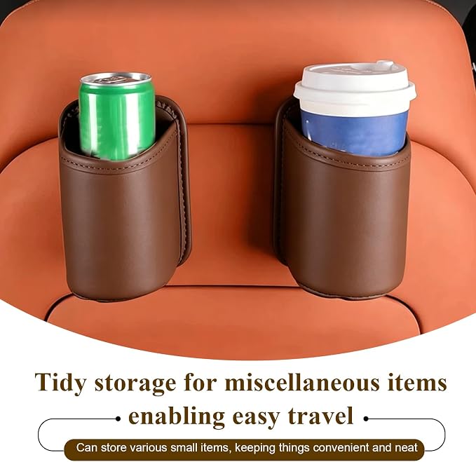 Car Cup Holder, Waterproof Leather Car Door Cup Holder, Clip-On Back Seat Storage Bag & Trash Can, Universal Hanging Drink & Phone Organizer Pocket for Most Cars (Brown)
