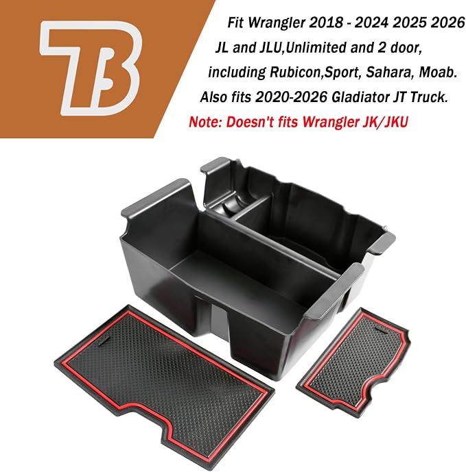Center Console Organizer Compatible with Jeep Wrangler JL and JLU 2018-2023 2024 2025 Accessories, Gladiator JT Truck 2020 2021 2022-2025 Insert Tray Armrest Storage Box (Not for JK/JKU), Red