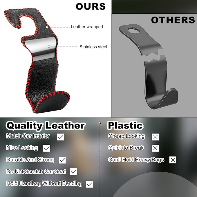 Car Seat Hooks for Purses and Bags, 2 Pack Car Purse Holder for Grocery Bag Handbag Clothes, Metal Headrest Hooks Covered by Leather, Black Red