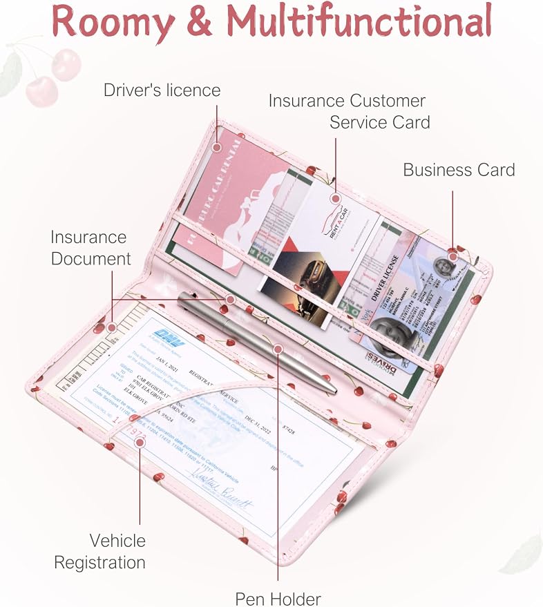 Mymazn Car Registration and Insurance Holder, PU Leather Glove Box Car Organizer with Magnetic Closure for Driver's License & Essential Documents (Pink Cherry)