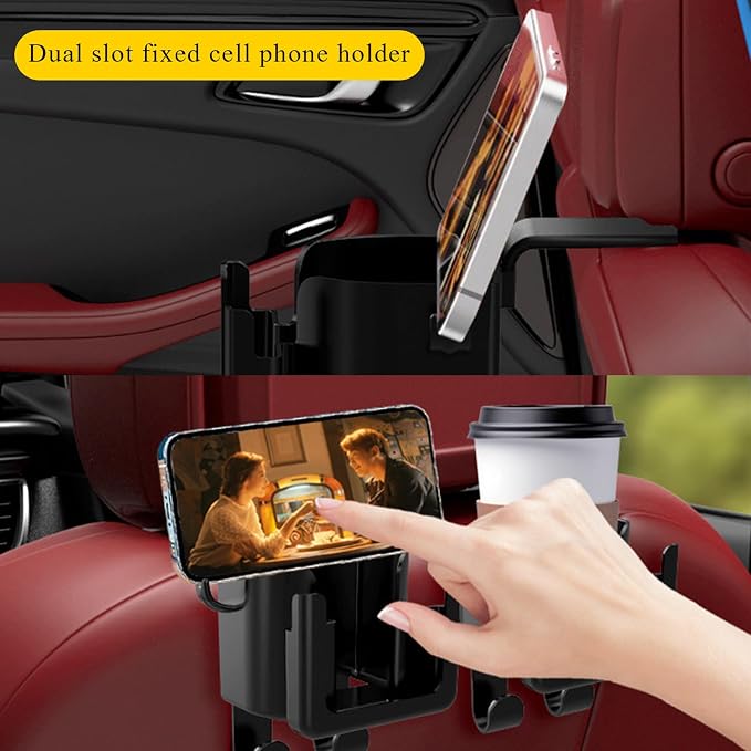 DXNQ Headrest Cup Holder for Back Seat, Multifunctional Auto Drink Cup Holder with Phone Holder & Purse Hooks, 3 in 1 Hanging Cup Holder Universal Backseat Organizer for Vehicles