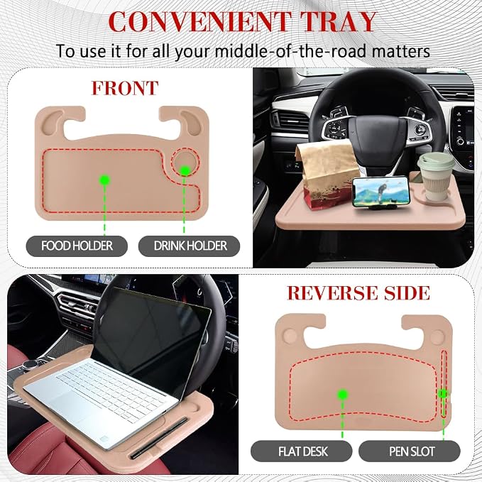 2 in 1 Car Steering Wheel Desk, Car Tray, Car Steering Wheel Desk Tray & Auto Seat Gap Filler Organizer, Multipurpose Travel Auto Steering Wheel Under Table Console for Most Vehicles (Beige)