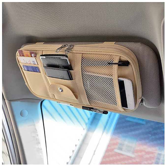 Car Sun Visor Organizer Bag,PU leather Universal Auto Interior Accessories Pocket Organizer,Multi-Function Registration and Document Holder Pouch,Sunglasses Ticket Documents Pen Card Holder (Beigy)