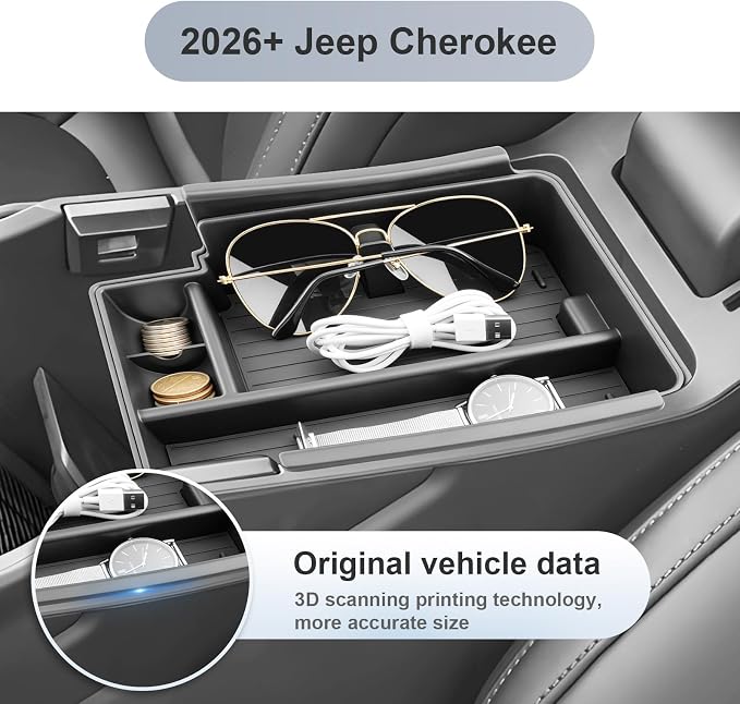 SKTU 2Pack for 2026 Jeep Cherokee Center Console Organizer 2026+ Cherokee (Base/Laredo/Limited/Overland) Double Layers Console Tray Jeep Cherokee 2026 Accessories Tray with Sunglasses and Coin Holder