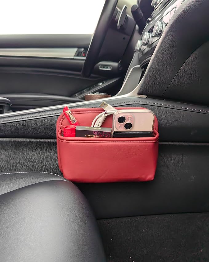 Driver's Car Storage Bag, Small Car Side Pocket Organizer for Car Seats, Doors and Consoles, PU Leather (Burgundy)