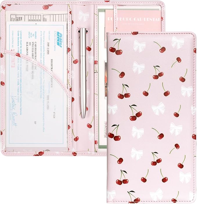 Mymazn Car Registration and Insurance Holder, PU Leather Glove Box Car Organizer with Magnetic Closure for Driver's License & Essential Documents (Pink Cherry)