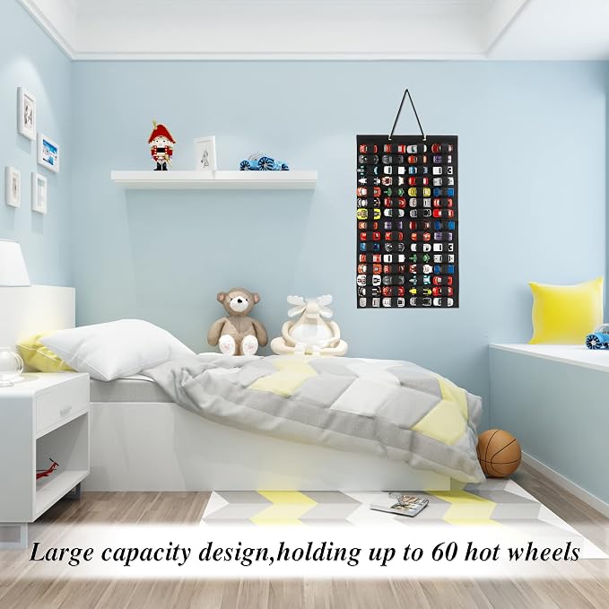 Hanging Storage Organizer for Toy Cars Felt Display Case Hold Up 60 Toy Cars (Without Accessories)(Black)