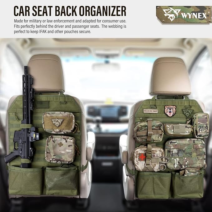 WYNEX Car Seat Organizer, Molle Backseat Cover Organizer Protector with Sling Rack, Visual Pocket and Patch, Universal Vehicle Fits for F150, Jeeps, Pickups & Trucks for Road Trips