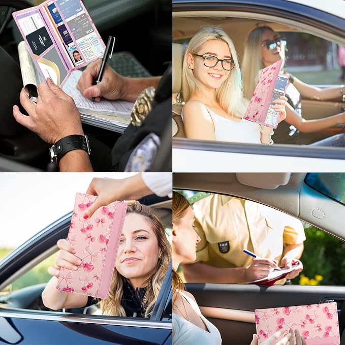 Car Registration and Insurance Holder with Magnetic Closure, Universal Document Organizer for License, Insurance Cards & Glove Box Storage (Cherry-Pink)