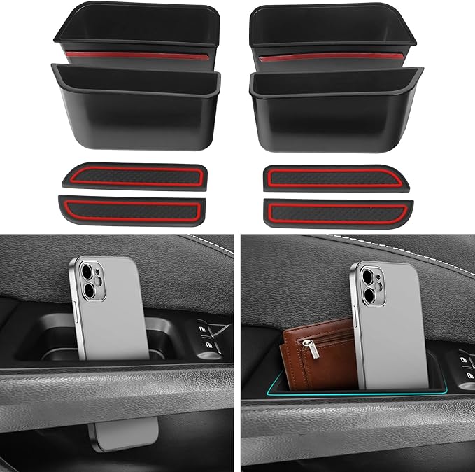 4PCS Door Side Storage Box for Ford Fusion 2013 2014 2015 2016 2017 2018 2019 2020 Front and Rear Accessories Phone Holder Door Grab Handle Pocket Storage Organizer ABS Plastic, Red Mat