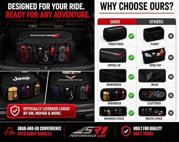 SR1 Performance USA C8 Corvette Trunk Organizer – Expandable Pop Up Collapsible Cargo Storage Caddy for 2020-2026 Chevrolet Corvette Stingray, Z06 & E-Ray – Black with Crossed Flags Logo