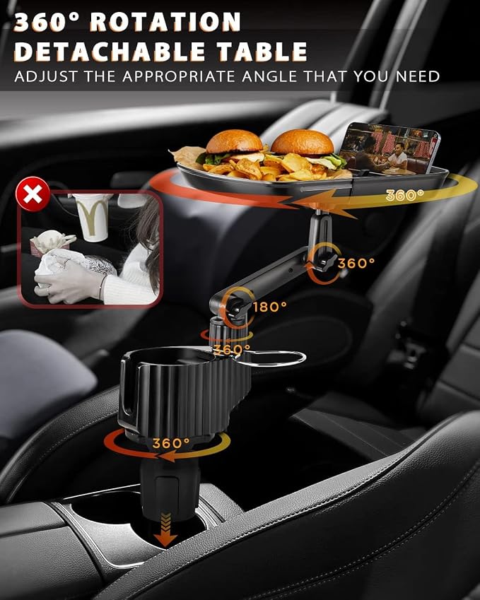 4-in-1 Car Cup Holder Expander Tray,Detachable Upgraded Food Tray Expandable Dual Cup with Phone Holder,360°Rotation Adjustable Base,Road Trip Essentials Accessories for Drinking and Eating