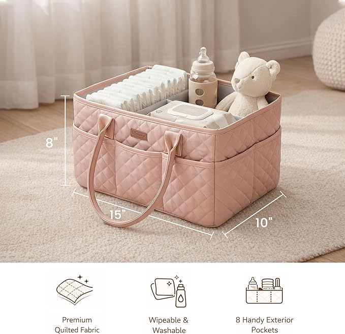 Konssy Quilted Diaper Caddy Organizer, Diaper Caddy Basket with PU Leather Handles, Water-Repellent Nursery Storage Basket, Portable Car Organizer, Registry Search Must Haves (Blush Pink)
