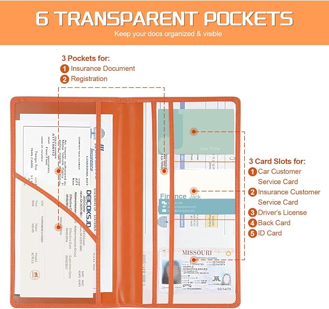 JUSTTOP 1Pack Car Registration and Insurance Holder,Car Document Holder for Cards License with Magnetic Shut,Vehicle Glove Box Car Organizer for Documents, Cards, License(Orange)