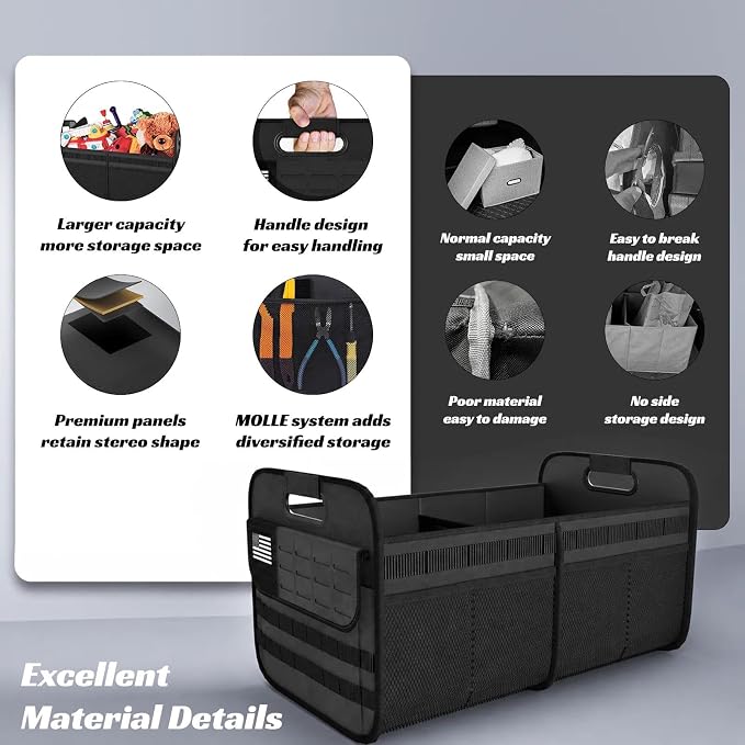 Sposuit Car Trunk Organizer for SUV - 65L Collapsible Tactical MOLLE Car Storage with Reinforced Handles & Multiple Pockets, Sturdy Trunk Organizers for Groceries, Tools & Outdoor Storage (Black 2Pcs)