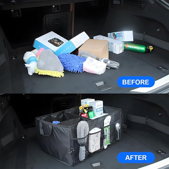 Mandark Car Trunk Organizer, Collapsible Multi Compartment Vehicle Storage Box, Waterproof Adjustable Automotive Organization Container Accessories, Universal for SUV, Sedan, Truck (Black)