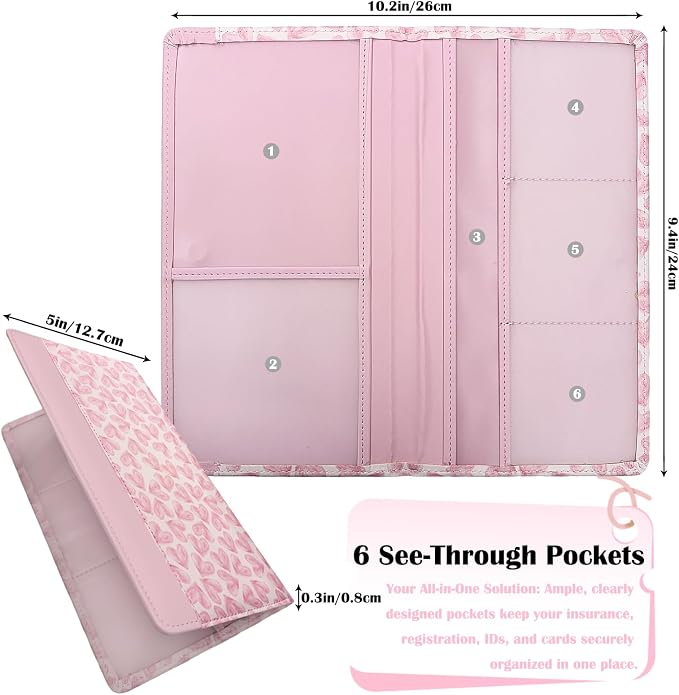 Car Registration and Insurance Holder with Magnetic Closure, Universal Document Organizer for License, Insurance Cards & Glove Box Storage (Heart-Pink)