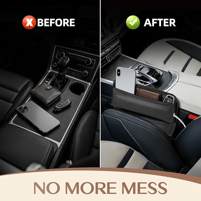 Car Seat Gap Filler Organizer, Premium PU Leather Console Catcher Side Storage Box with Cable Management Holes, Universal Fit Gap Stuffer for Phones & Wallets, Brown 1 Pack
