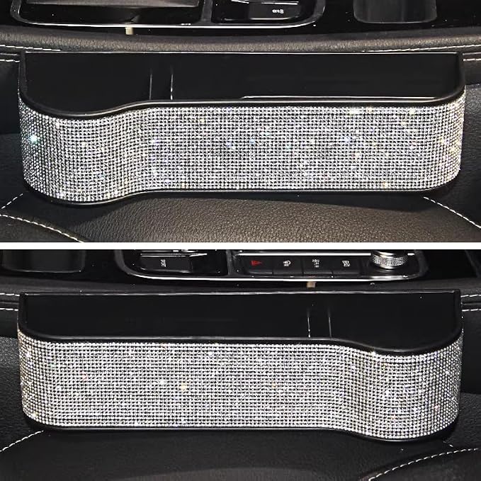 Bling Bling Car Seat Organizer Front Seat Gap Filler with Crystal Rhinestones Diamond, PU Leather Car Seat Console Storage Organizer for Car Accessories (Silver)