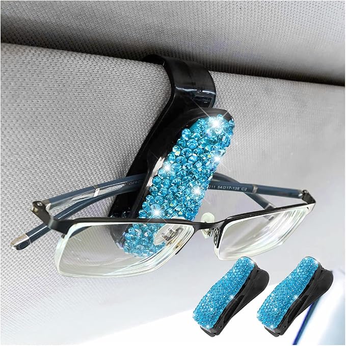 Moly Magnolia Bling Car Glasses Holder, 2PCS Handcrafted Crystal Rhinestones Fashion Car Sunglasses Mount with Card Clip for All Sun Visors, Auto Interior Accessories for Women Girl (Light Blue)