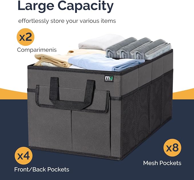 MIU COLOR Car Trunk Organizer, Foldable Car Organizer, 12 Pockets with Non-Slip Bottom, Collapsible 2 Compartments Car Storage Organizer for Grocery/Suv/Jeep/Sedan/Van, Dark Gray