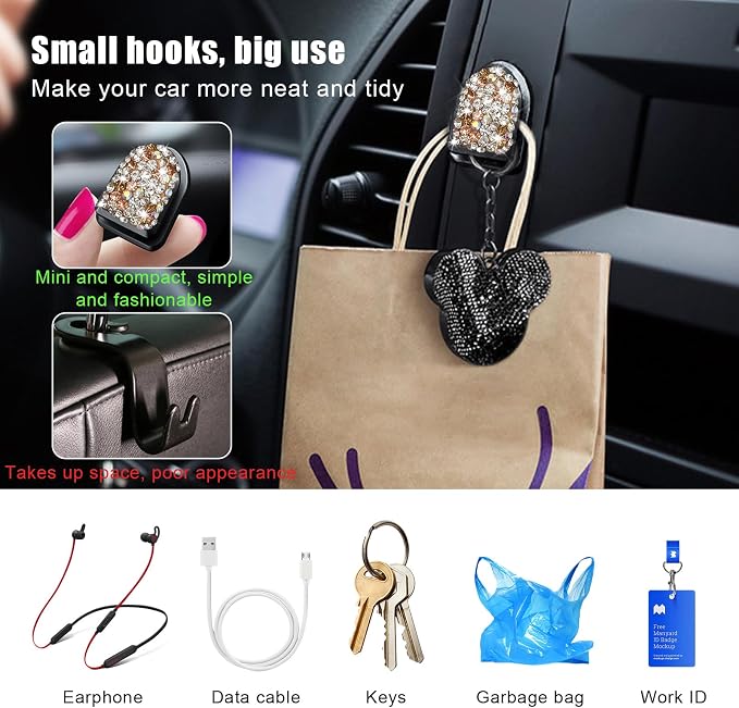 Yourkar 4PCS Bling Car Mini Hooks, Multifunctional Adhesive Small Auto Storage Hook for Key Cable Mask, Crystal Rhinestone Dashboard Hanging Hook, Interior Decor Car Accessories (Champagne)