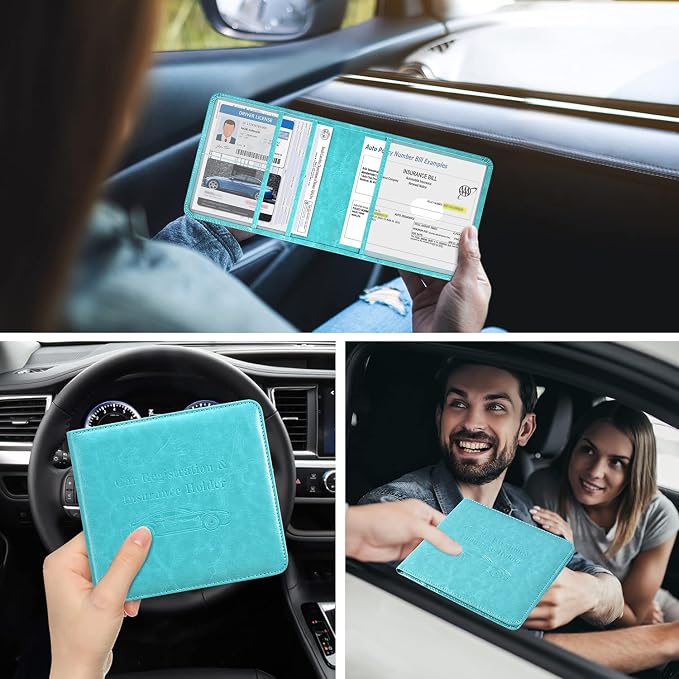 DMLuna Car Registration and Insurance Holder, Folio Leather Vehicle Card Document Glove Box Organizer, Auto Truck Compartment Accessories for Essential Information, Driver License Cards, Sky Blue