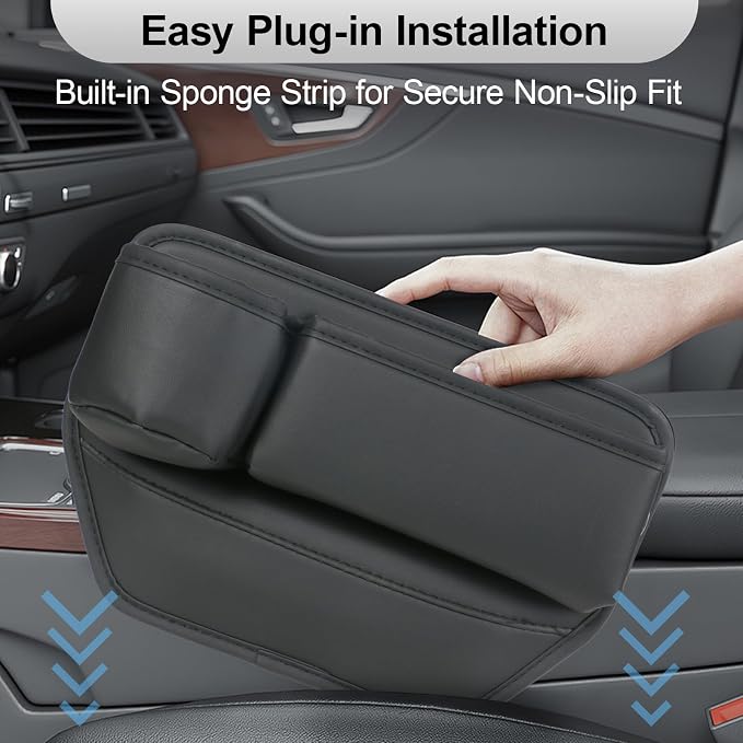 TPQKA Car Seat Gap Filler with Cup Holder (2-Pack) for Driver & Passenger Side, PU Leather Seat Gap Plug Organizer for Phones Keys Cards, Universal Fit for Cars SUVs Trucks, Black