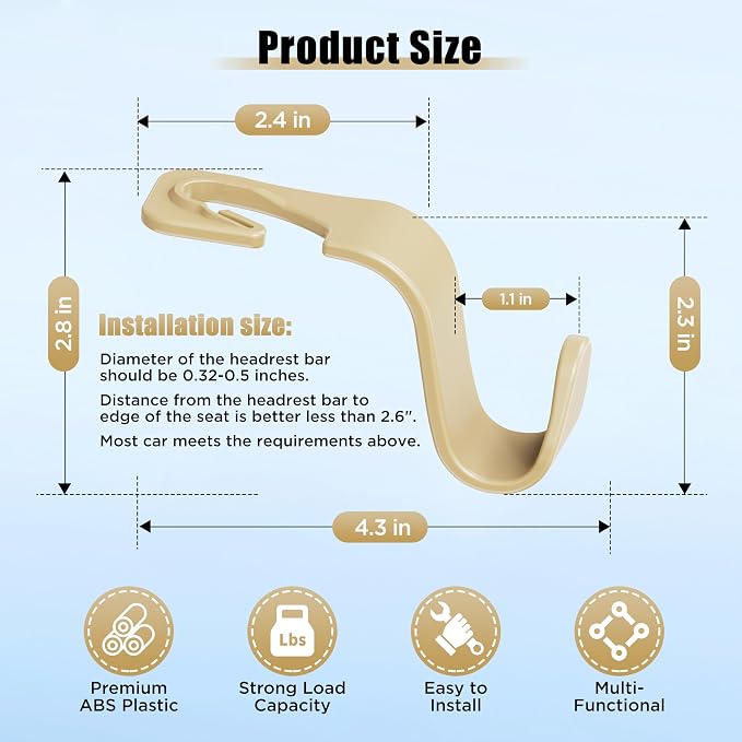Amooca Car Seat Headrest Hook 4 Pack Hanger Storage Organizer Universal for Handbag Purse Coat Universal fit Vehicle Car Beige with Clip