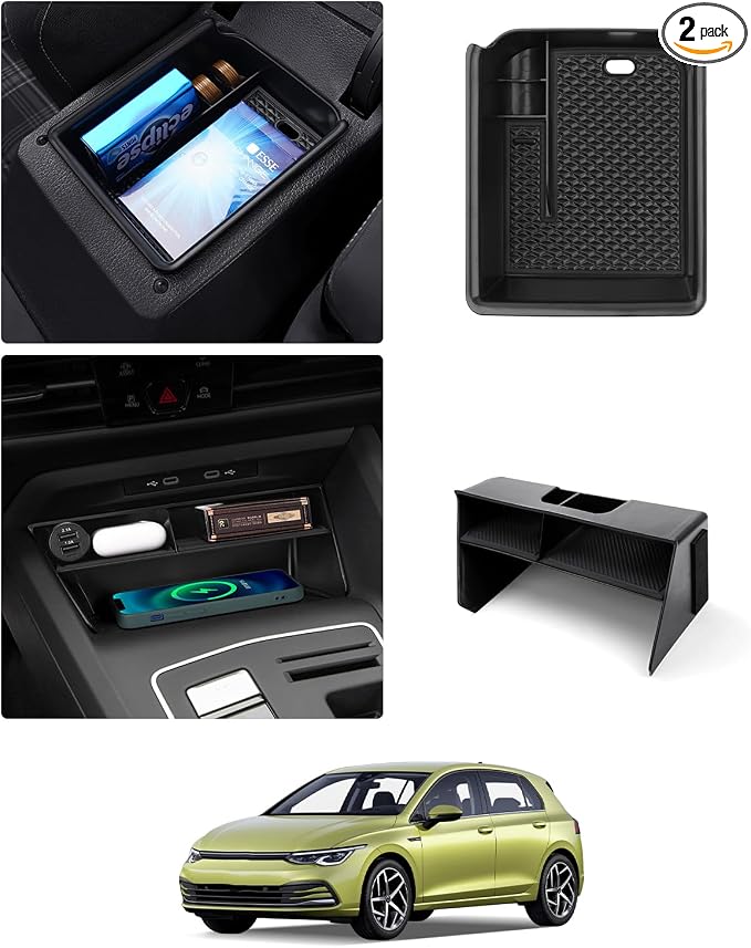 Karltys 2PCS Center Console Organizer Tray for 2022-2026 VW Volkswagen Golf GTI R MK8 Accessories Middle Console Tray Armrest Storage Box with Non-Slip Silicone Mat