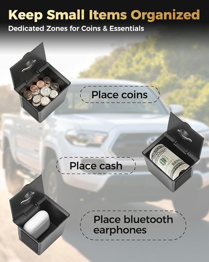 Coin Holder for 2016-2023 Toyota Tacoma, Black | Console Organizer Coin Tray with Top Slot, Drop Coins Without Opening Lid, Armrest Tray Divider, For Small Truck Essentials