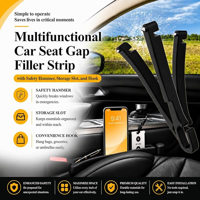 2 PCS Car Seat Gap Filler Compatible with Toyota RAV4, Highlander, Grand Highlander, 4Runner & Sequoia Accessories, Seat Gap Organizer with Emergency Glass Breaker & 1 Sunglasses Holder, Black