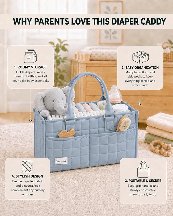 Baby Diaper Caddy Organizer, Portable Nursery Storage Basket with Handle for Newborn Boy or Girl, Gift for Baby Shower Essentials, Registry Must Have Bag, Caddie Car Organizer, Blue