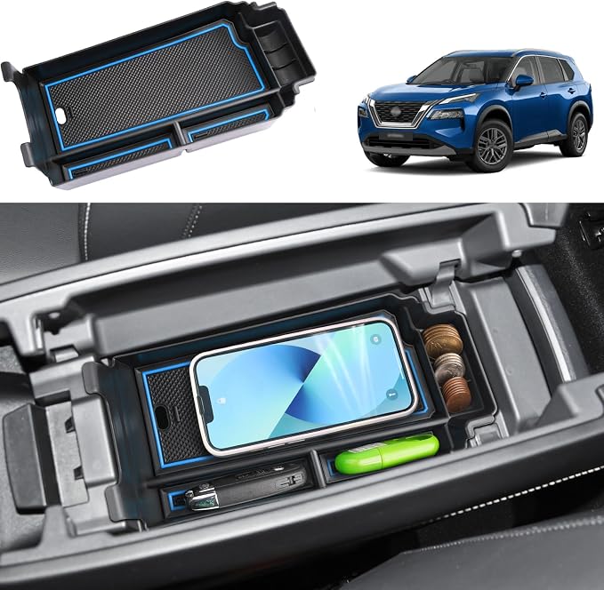 2021-2025 2026 Rogue Center Console Organizer for Nissan Rogue (S/SV/SL/Platinum/Rock Creek/Dark Armor), Durable ABS&Anti-Slip Rubber Console Tray Insert 2026 2025 Rogue Accessories (Blue)